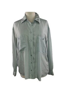 Vtg 90s Bentley Size S 100% Silk Collared Button-Up Pale Blue Womens Blouse